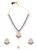 Pink Green Gold-Plated Kundan-Studded & Pearls Beaded Jewellery Set
