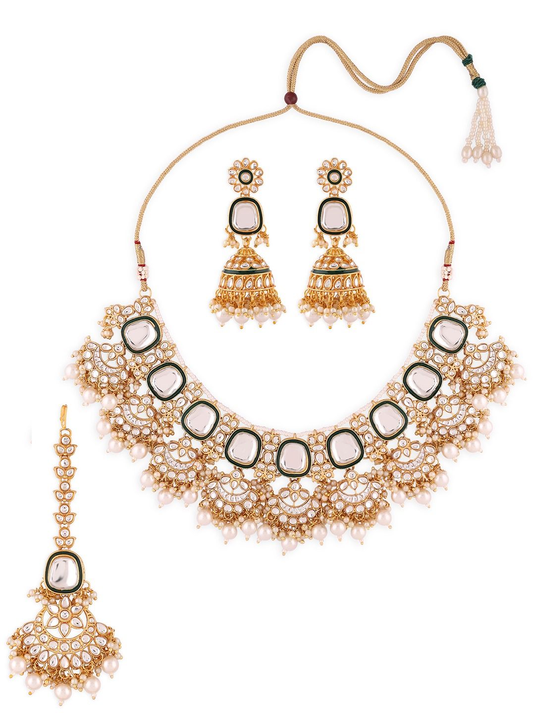 Green Enamel Kundan & Pearls Bridal Necklace Earring Maangtikka Set