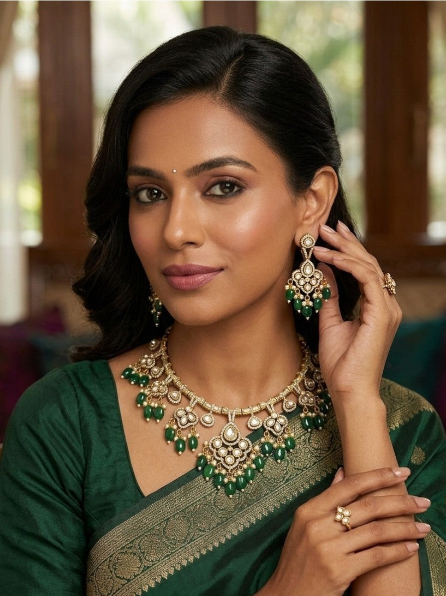 Traditional Kundan Green Beads Bridal Necklace Set with Matching Earrings | Indian Wedding Jewelry