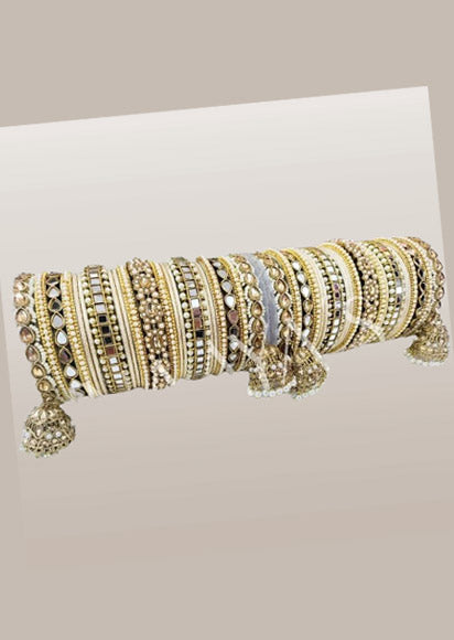 Rich Texture Pearl Stones & Mirror Indian Bangles Bracelet Set with Jhumki Borders, Indian wedding bangle set - Libasaa