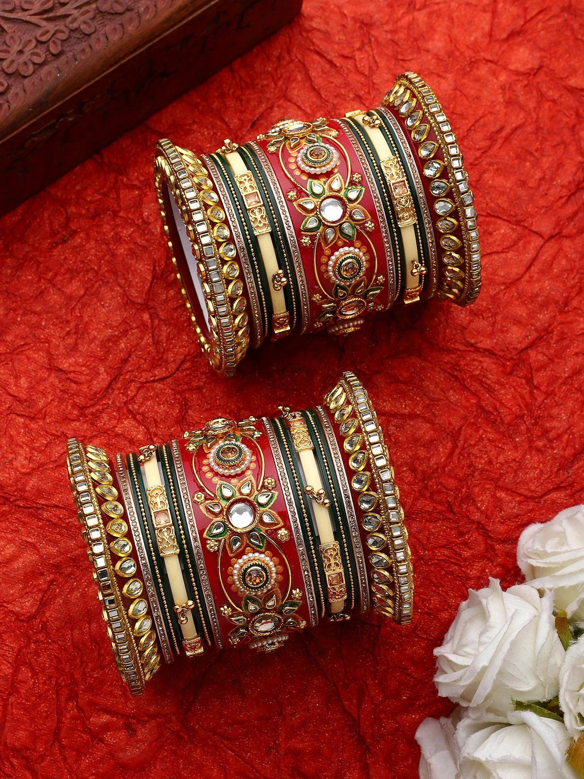 Rajasthani Bridal Chuda, Traditional Rajwadi Bangle Set, Rajasthani Chura, Royal Wedding Bangles, Rajasthani Bridal Jewelry, Chura Bangles - Libasaa