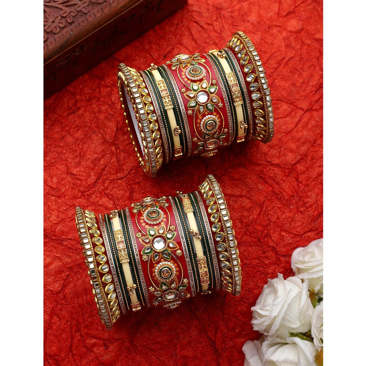 Rajasthani Bridal Chuda, Traditional Rajwadi Bangle Set, Rajasthani Chura, Royal Wedding Bangles, Rajasthani Bridal Jewelry, Chura Bangles - Libasaa