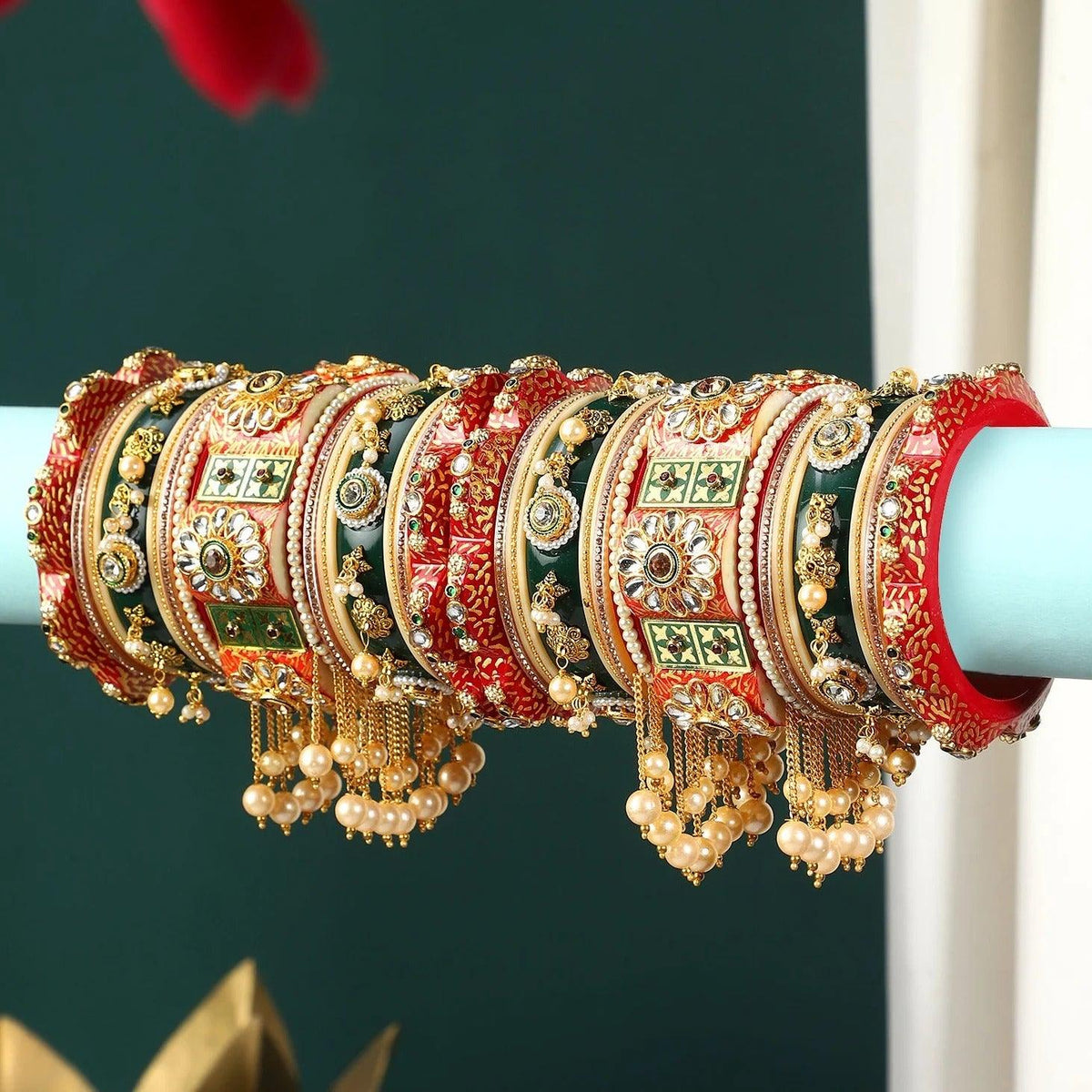 Rajasthani Bridal Chuda, Traditional Rajwadi Bangle Set, Rajasthani Chura, Royal Wedding Bangles, Rajasthani Bridal Jewelry, Chura Bangles - Libasaa