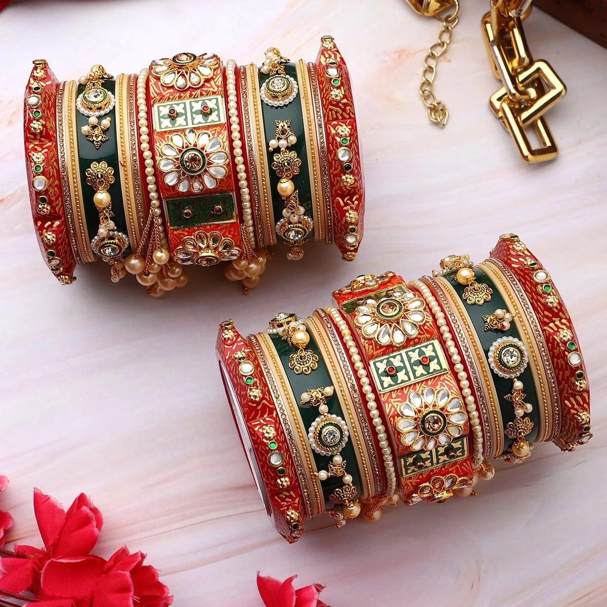 Rajasthani Bridal Chuda, Traditional Rajwadi Bangle Set, Rajasthani Chura, Royal Wedding Bangles, Rajasthani Bridal Jewelry, Chura Bangles - Libasaa