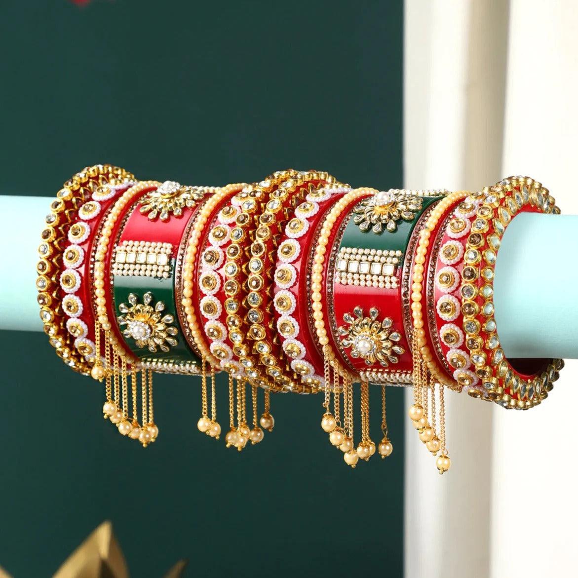 Rajasthani Bridal Chuda with Latkans, Traditional Rajwadi Bangle Set, Rajasthani Chura, Royal Wedding Bangles, Rajasthani Bridal Jewelry - Libasaa