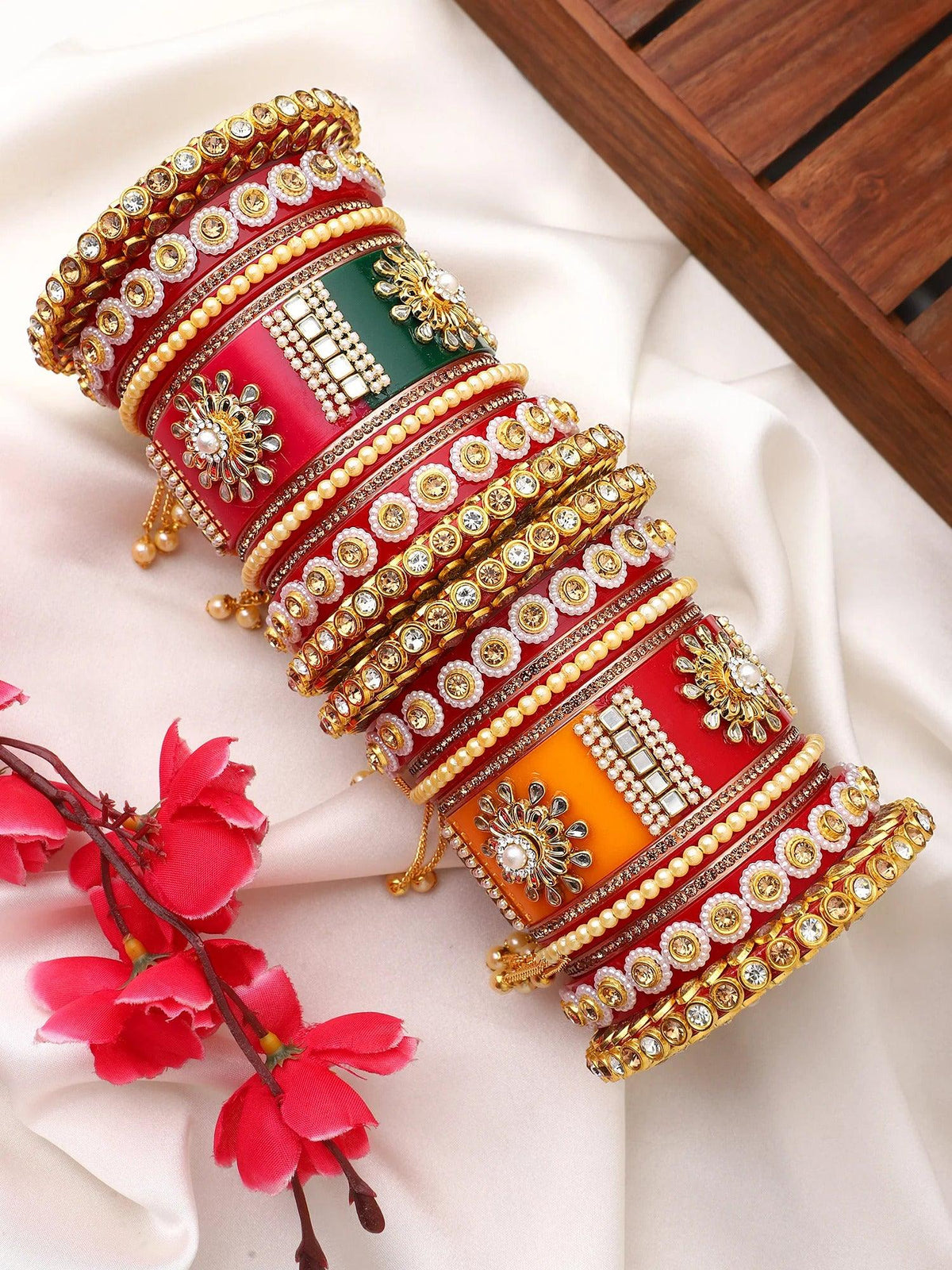 Rajasthani Bridal Chuda with Latkans, Traditional Rajwadi Bangle Set, Rajasthani Chura, Royal Wedding Bangles, Rajasthani Bridal Jewelry - Libasaa