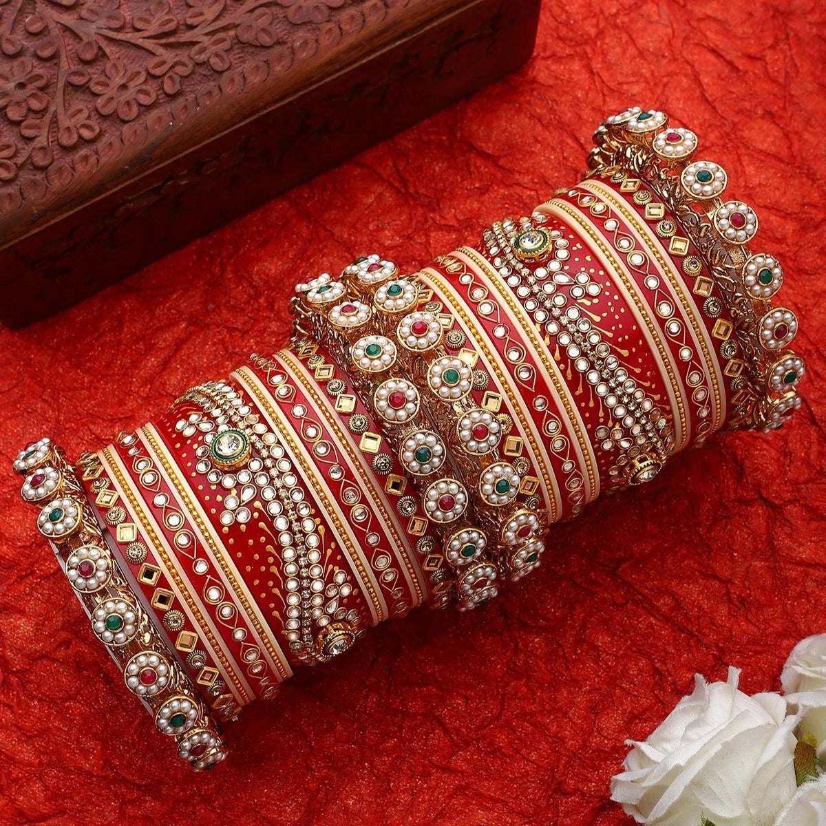 Traditional Rajasthani Bridal Chuda, Rajwadi Bangle Set, Rajasthani Chura, Royal Wedding Bangles, Rajasthani Bridal Jewelry, Bridal Chuda - Libasaa