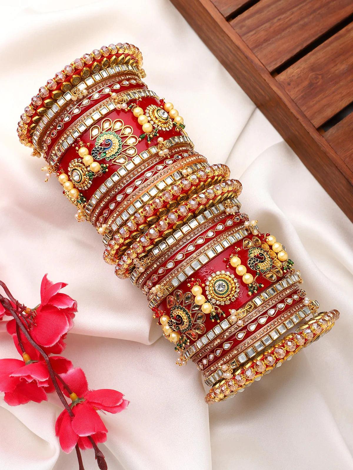 Traditional Rajasthani Bridal Chuda, Traditional Rajwadi Bangle Set, Rajasthani Chura, Royal Wedding Bangles, Rajasthani Bridal Jewelry - Libasaa