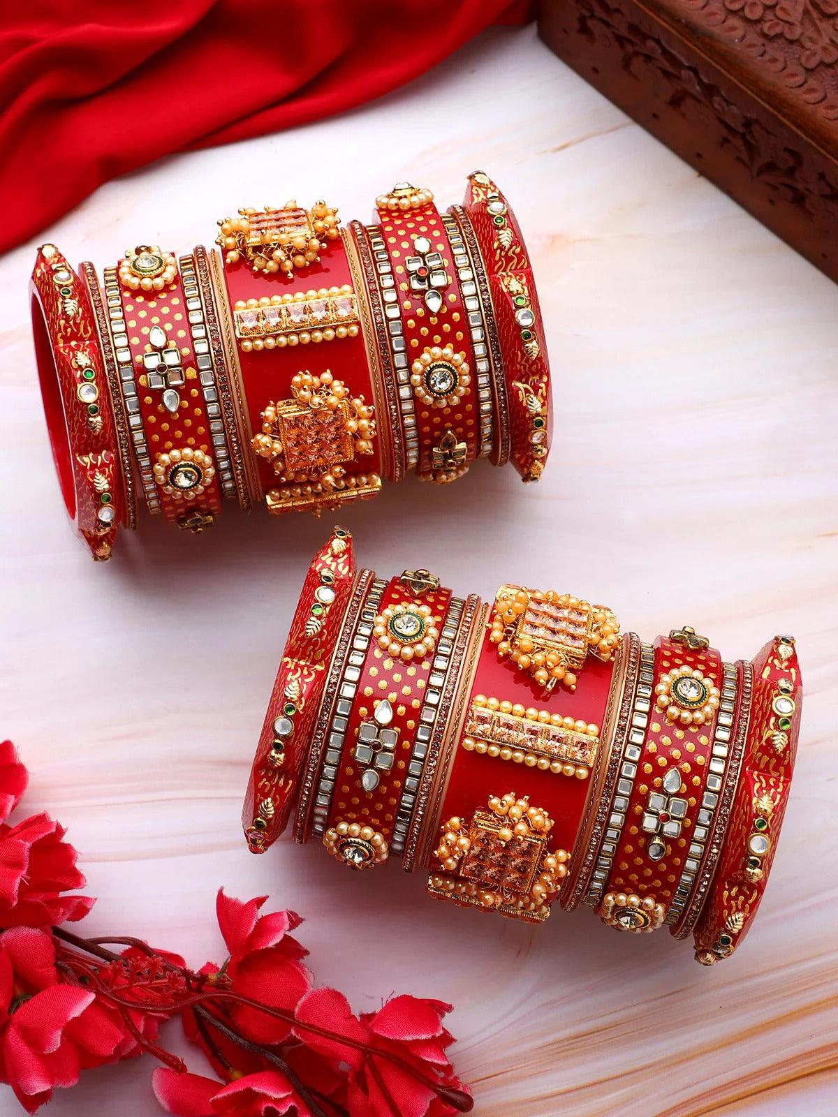 Rajasthani Bridal Chuda, Traditional Rajwadi Bangle Set, Rajasthani Chura, Royal Wedding Bangles, Rajasthani Bridal Jewelry - Libasaa