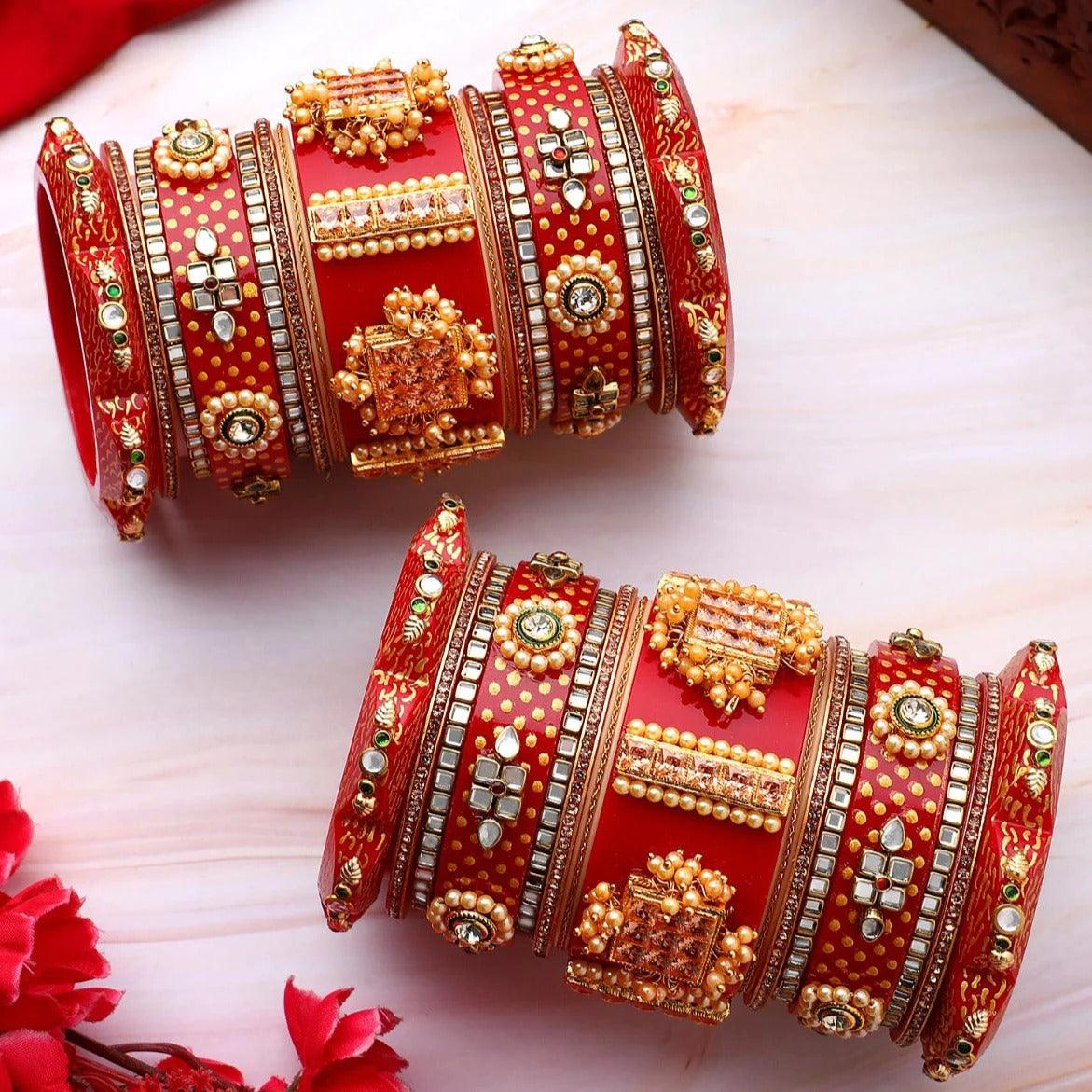 Rajasthani Bridal Chuda, Traditional Rajwadi Bangle Set, Rajasthani Chura, Royal Wedding Bangles, Rajasthani Bridal Jewelry - Libasaa