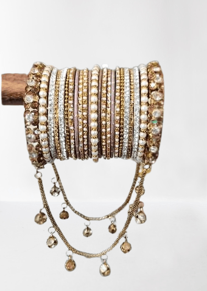 Pearl Crystal Stones Bangle Stack , Heavy Look Bridal Wedding Tassel, Latkan, Ghungroo Dangling Indian Pakistani Bangles - Libasaa