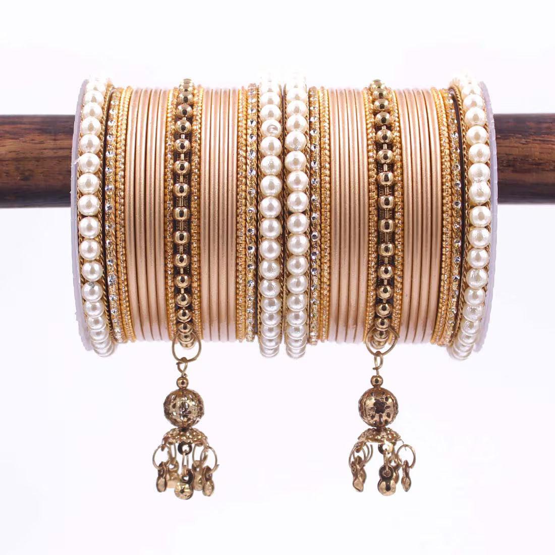 Indian bangle set , Bridal bangles, Metal bangles, Traditonal wedding jewelry, Brass Metal and Pearl Bridal Bangle Set with Jhumki - Libasaa