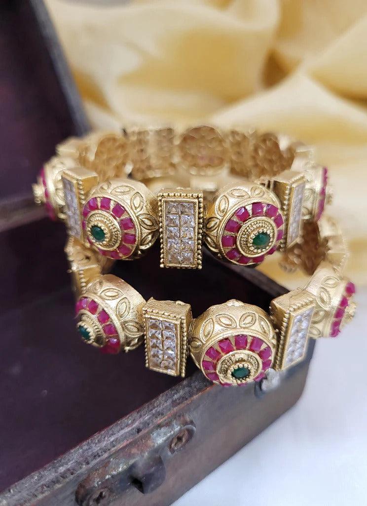 Openable Antique Gold bangle, Indian Bangles, Antique gold Kada, Indian Wedding - Libasaa