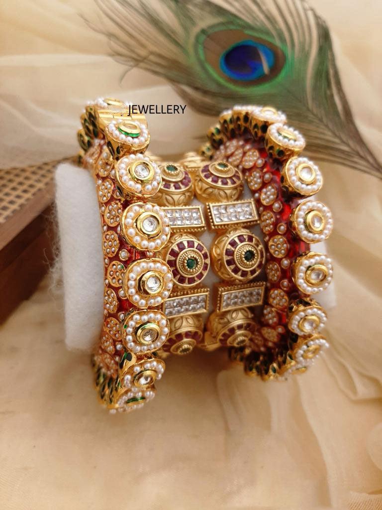 Multicolor Rajwadi Jadau Kada 4 Navratana Pacheli Bangles Meenakari Hand-painted Kade Jadtar Openable Bangle Rajasthani Jewelry - Libasaa