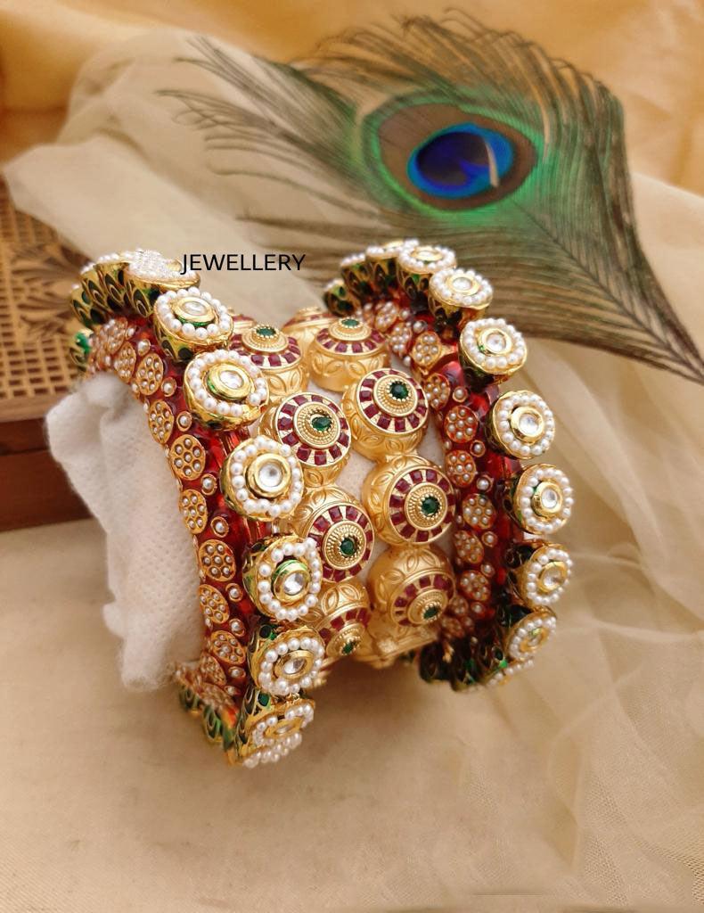 Multicolor Rajwadi Jadau Kada 4 Navratana Pacheli Bangles Meenakari Hand-painted Kade Jadtar Openable Bangle Rajasthani Jewelry - Libasaa