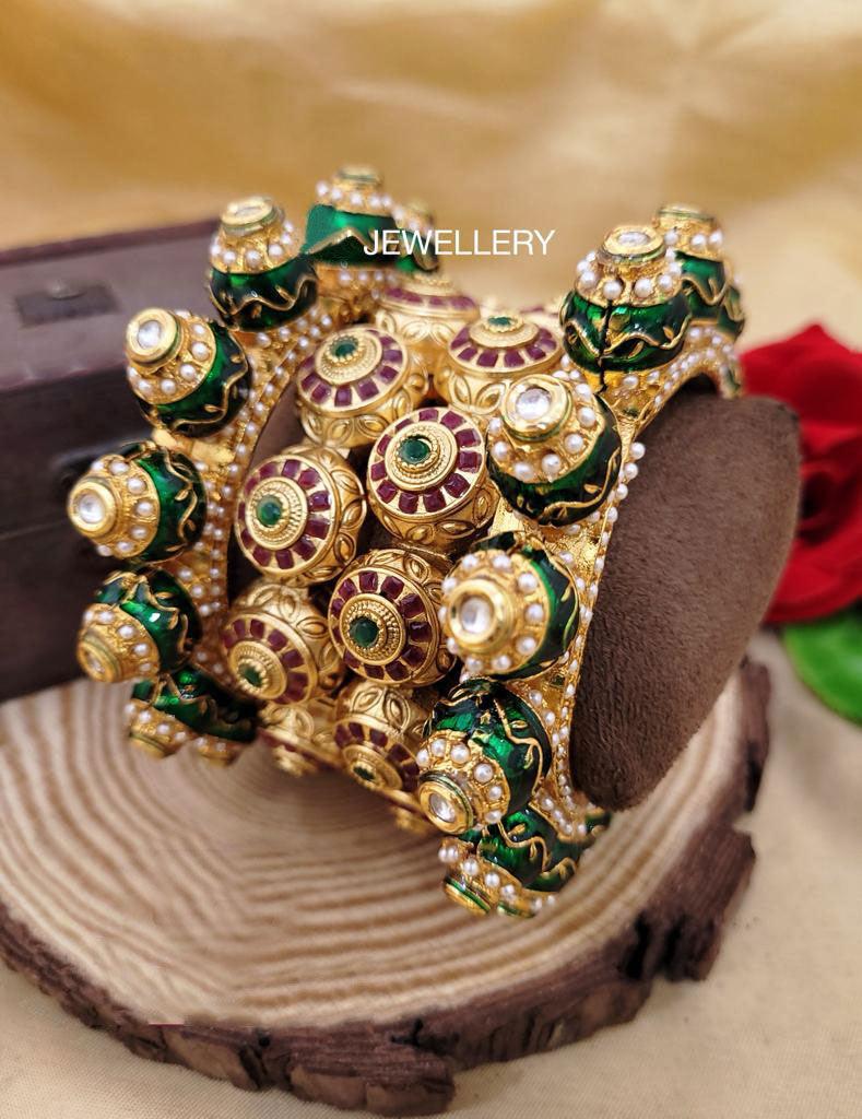 Multicolor Rajwadi Jadau Kada 4 Navratana Pacheli Bangles Meenakari Hand-painted Kade Jadtar Openable Bangle Rajasthani Jewelry - Libasaa