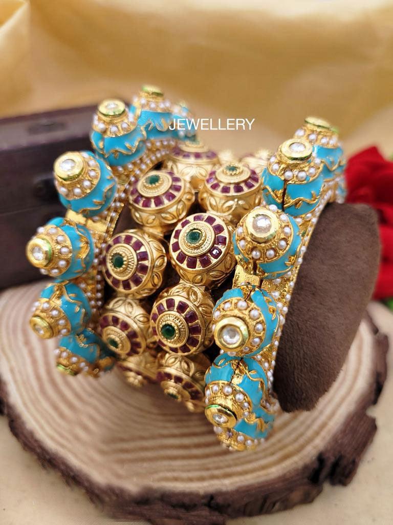 Multicolor Rajwadi Jadau Kada 4 Navratana Pacheli Bangles Meenakari Hand-painted Kade Jadtar Openable Bangle Rajasthani Jewelry - Libasaa