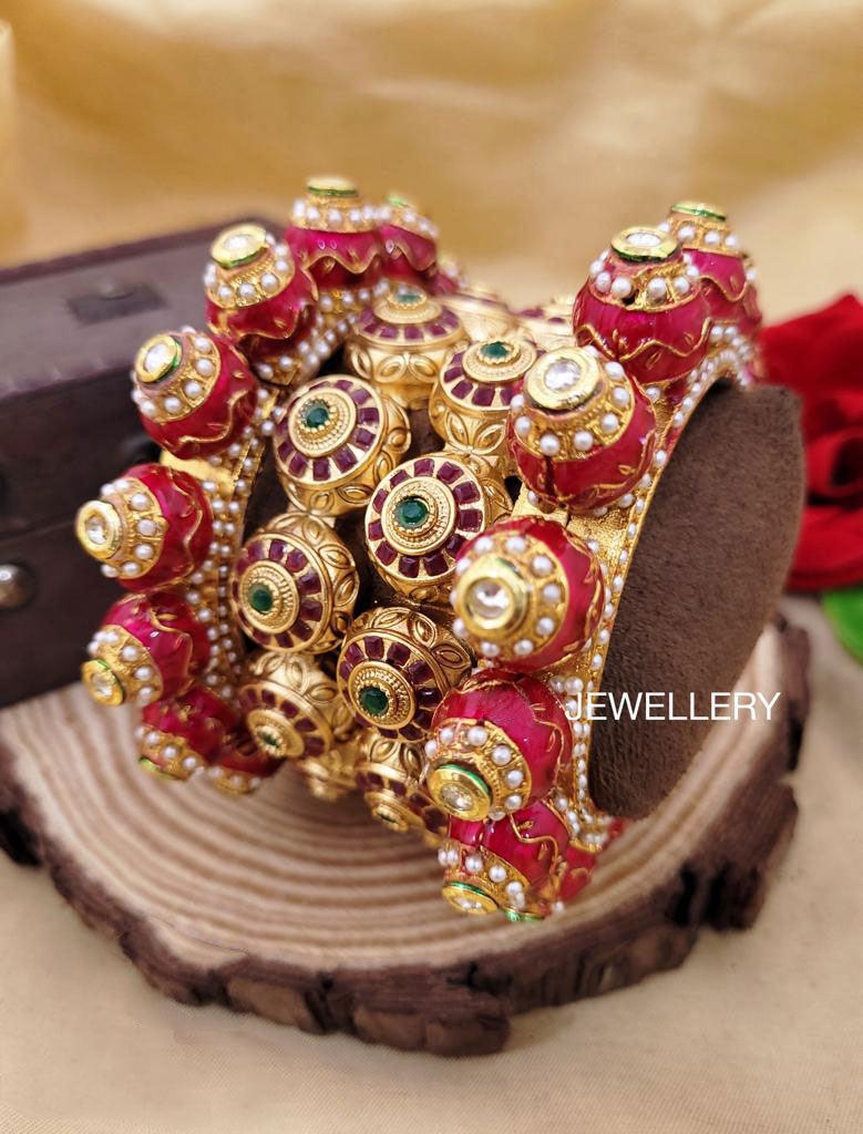 Multicolor Rajwadi Jadau Kada 4 Navratana Pacheli Bangles Meenakari Hand-painted Kade Jadtar Openable Bangle Rajasthani Jewelry - Libasaa