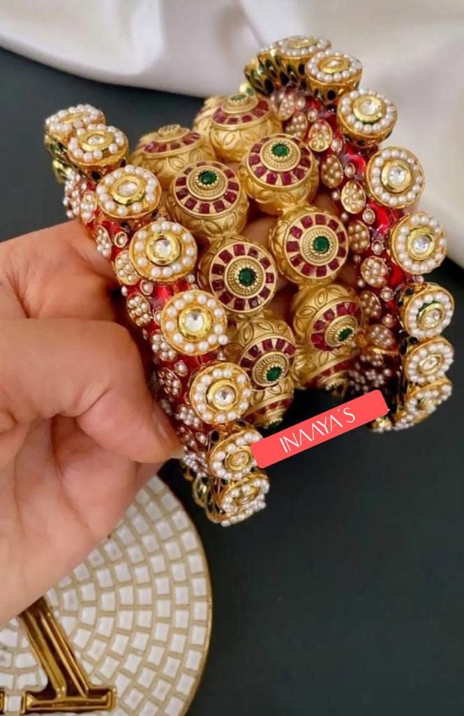 Multicolor Rajwadi Jadau Kada 4 Navratana Pacheli Bangles Meenakari Hand-painted Kade Jadtar Openable Bangle Rajasthani Jewelry - Libasaa