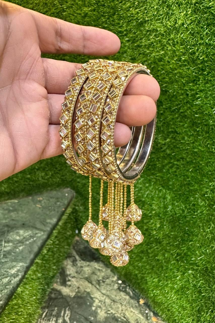 Latkan Golden Silver Kundan work 4 Psc hanging Kada ethnic party wear bangles, Latkan bangles, Tassel Bangle, Indian bangles - Libasaa