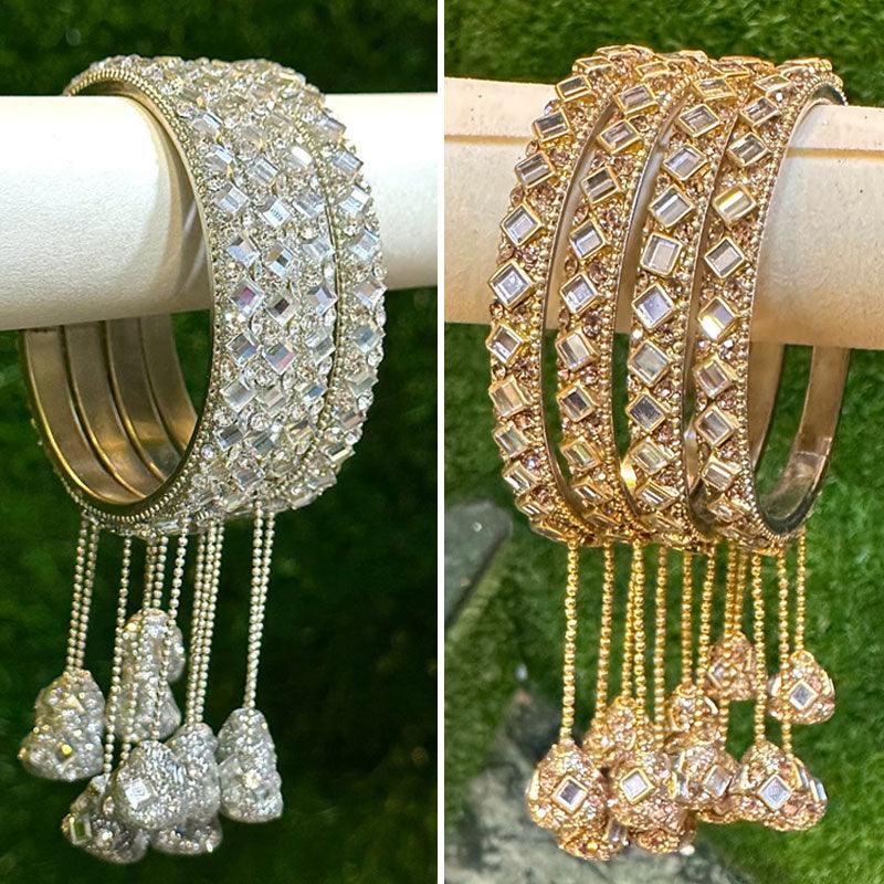 Latkan Golden Silver Kundan work 4 Psc hanging Kada ethnic party wear bangles, Latkan bangles, Tassel Bangle, Indian bangles - Libasaa