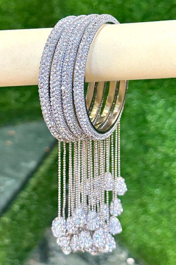 Latkan Golden Silver Crystal Stones 4 Psc hanging bangles ethnic party wear bangles, Latkan bangles, Tassel Bangle, Indian bangles - Libasaa