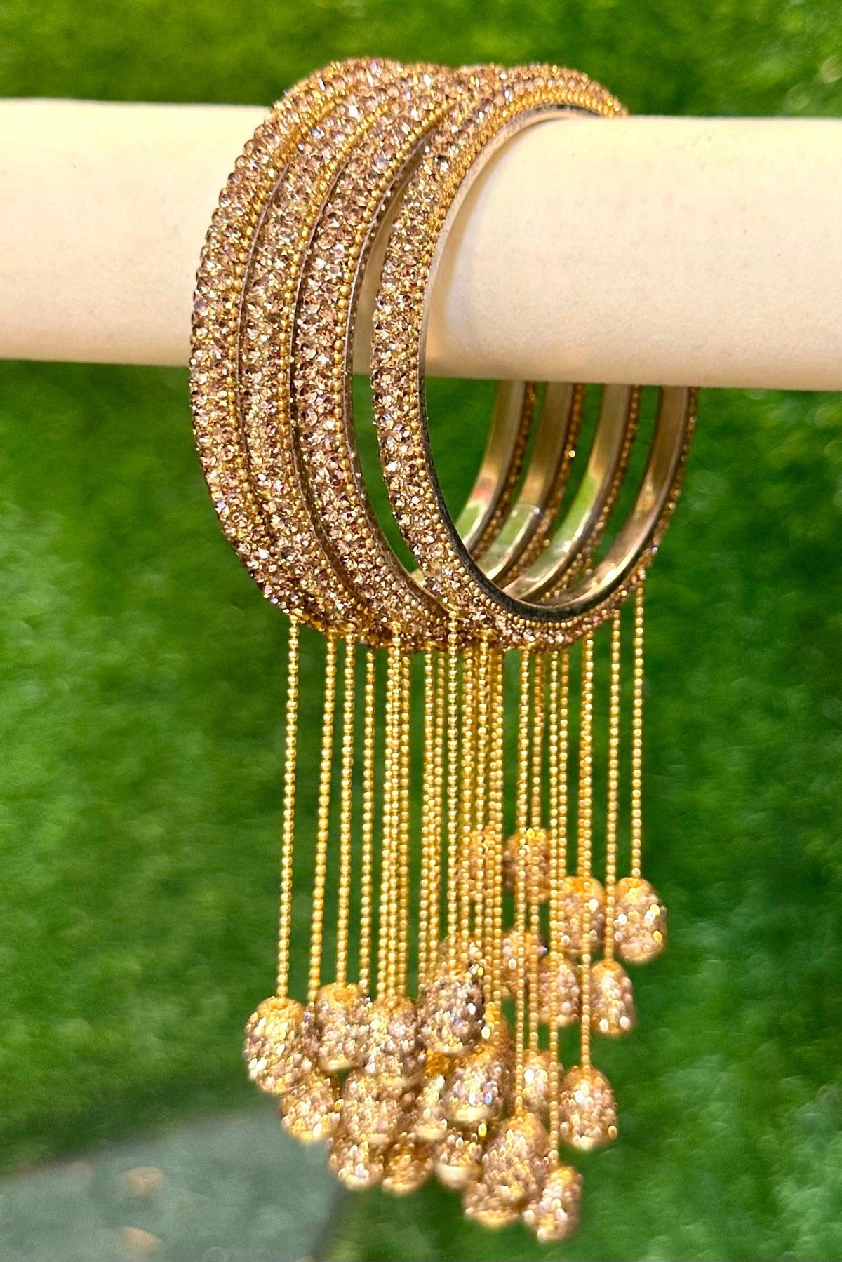 Latkan Golden Silver Crystal Stones 4 Psc hanging bangles ethnic party wear bangles, Latkan bangles, Tassel Bangle, Indian bangles - Libasaa