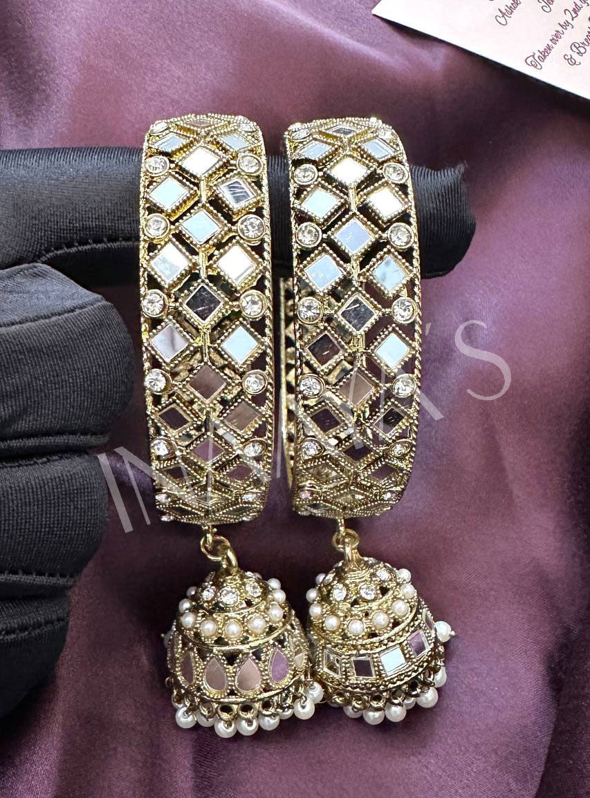 Satin Gold Mirror Jhumka Bangles Set, Mirror Bangles, Jhumki Bangles, handcrafted set of 2 golden color bangles, bracelet
