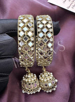 Satin Gold Mirror Jhumka Bangles Set, Mirror Bangles, Jhumki Bangles, handcrafted set of 2 golden color bangles, bracelet - Libasaa