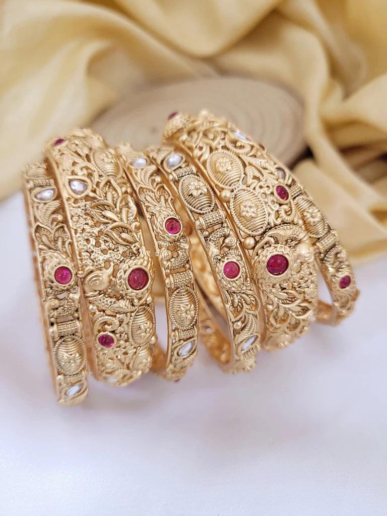 Rajwadi Judau Kada Set, Rajwadi kada 6 Psc, Pachali bangles , Meenakari Kada, Indian Wedding jewelry, Kundan bridal bangles Set, Set of 2 - Libasaa