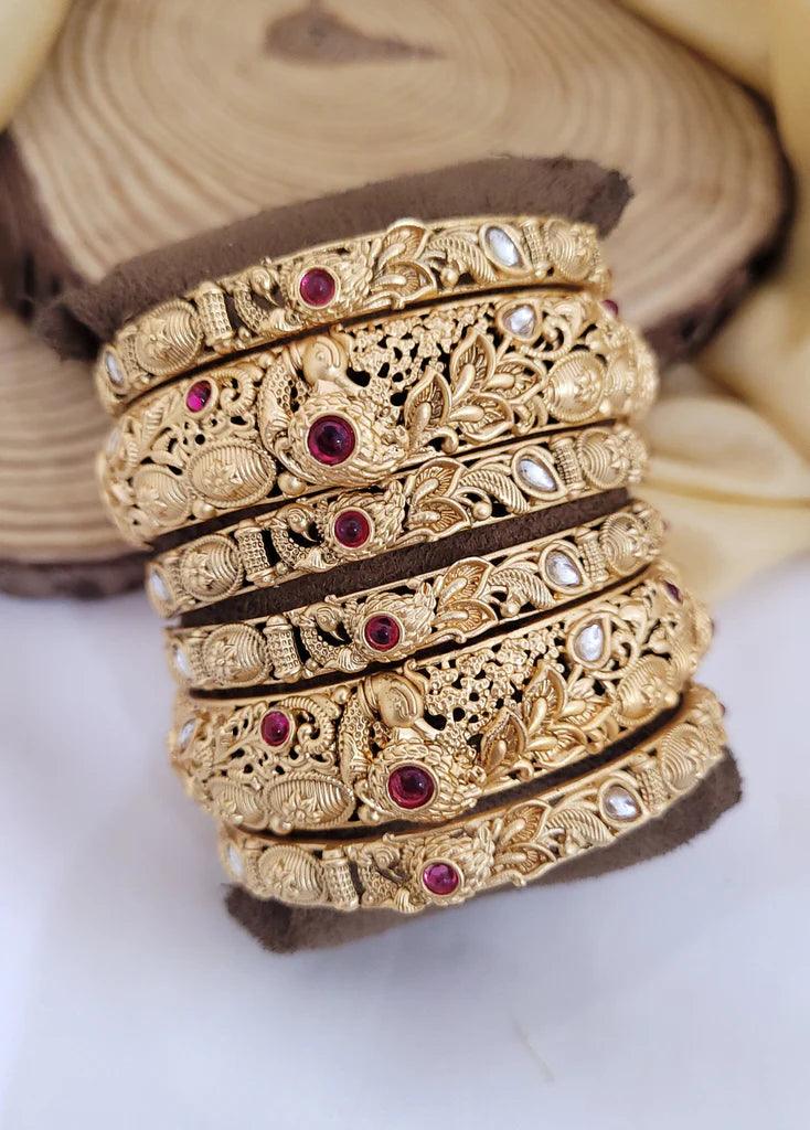 Rajwadi Judau Kada Set, Rajwadi kada 6 Psc, Pachali bangles , Meenakari Kada, Indian Wedding jewelry, Kundan bridal bangles Set, Set of 2 - Libasaa