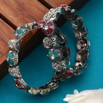 Oxidized Silver Meenakari Bangles, German Silver Oxidized Bangles, Silver Bracelet, Indian Bangles, Pink & Green Antique Ethnic Jewelry - Libasaa