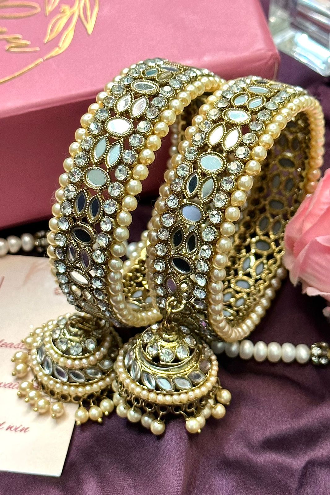 AD Antique Look Pearl Gold Jhumki Bangles, Golden Stone pearl Indian Asian bangles with jhumki