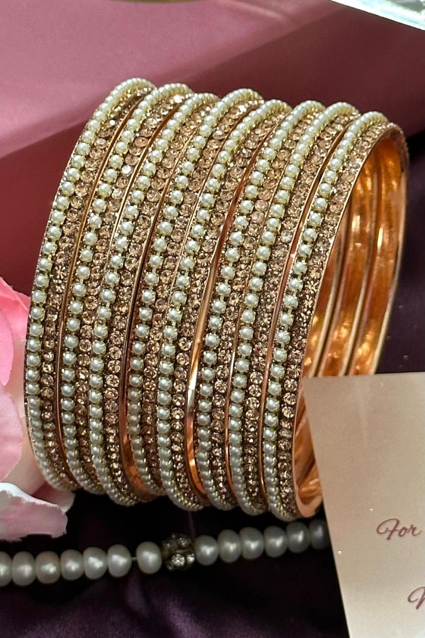 Indian American Diamonds Satin Rose Gold Champagne Pearl Bangles Bracelet Set of 8