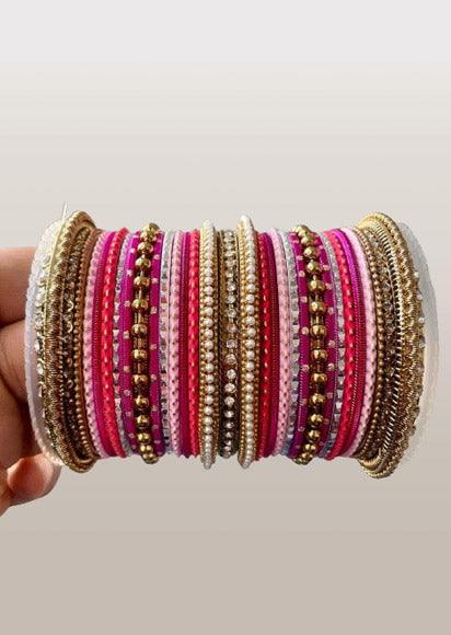 Pink Color and Antique Golden Color Silk Matte Dotted Indian Bridal Wedding Jewelry Traditional Bangle Set - Libasaa