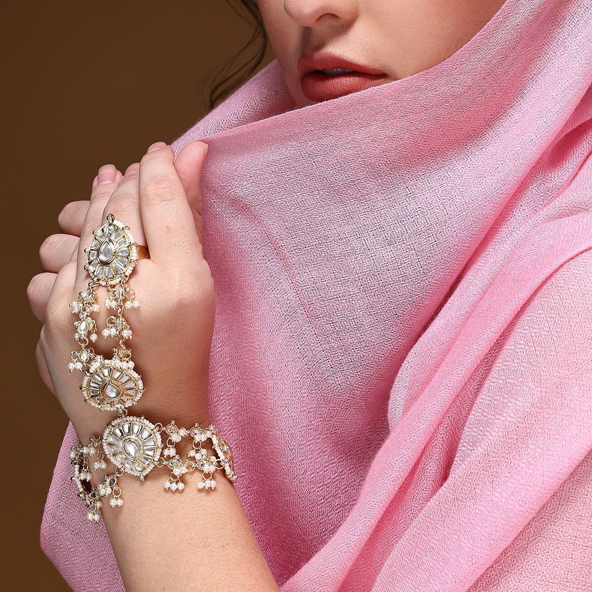 Bridal Kundan Stones Pearl Adjustable Haath Phool, Bridal Hand Harness, Kundan Stones Ring Bracelet, Indian Jewelry, Gift for Her, Set of 2 - Libasaa