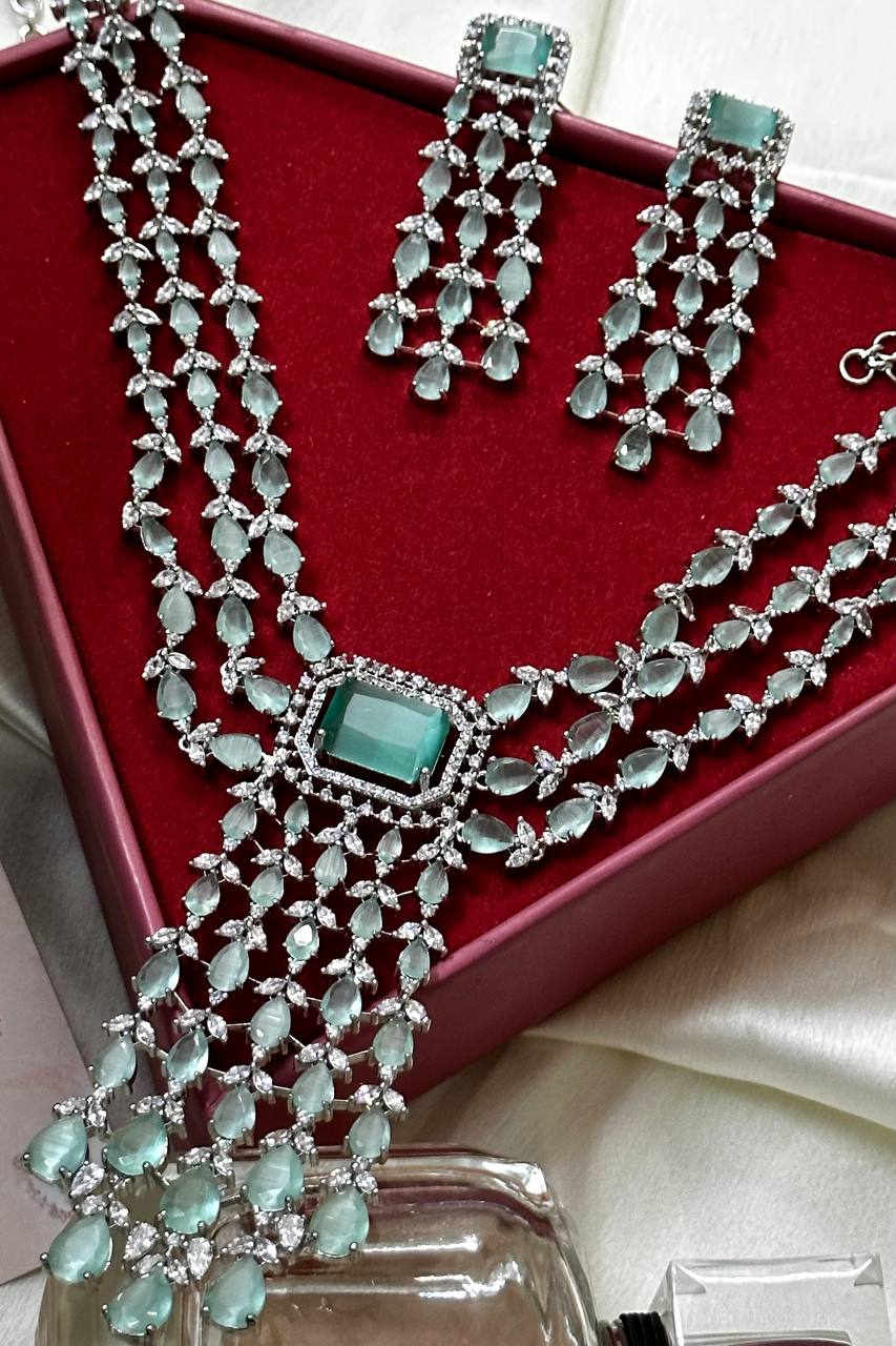 Mint American Diamond High Quality Necklace Set, Indian Bridal Jewelry, Cz Diamond Emerald Necklace & Earring Set