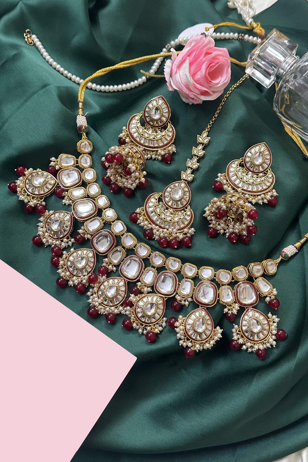 Royal Kundan pearl necklace earrings tikka, kundan necklace set, kundan jewelry set, kundan choker, pachi kundan set punjabi jewelry