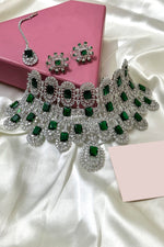 Trending American diamond bridal choker set with earrings and tikka