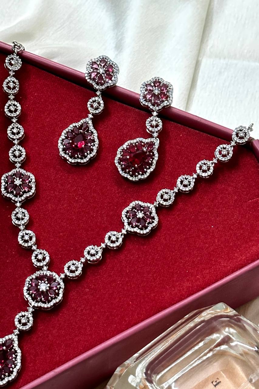 Ruby Wine set American Diamond CZ Necklace Set Indian Jewellery set, Jewelry Set