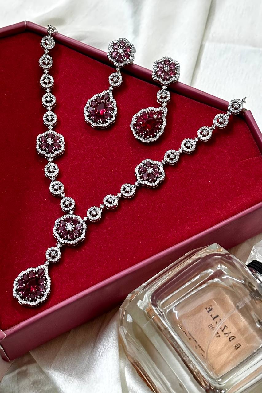 Ruby Wine set American Diamond CZ Necklace Set Indian Jewellery set, Jewelry Set