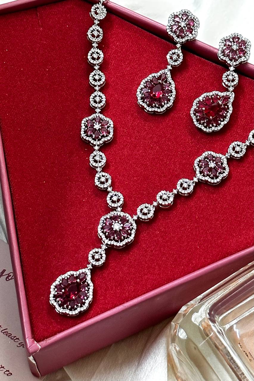 Ruby Wine set American Diamond CZ Necklace Set Indian Jewellery set, Jewelry Set