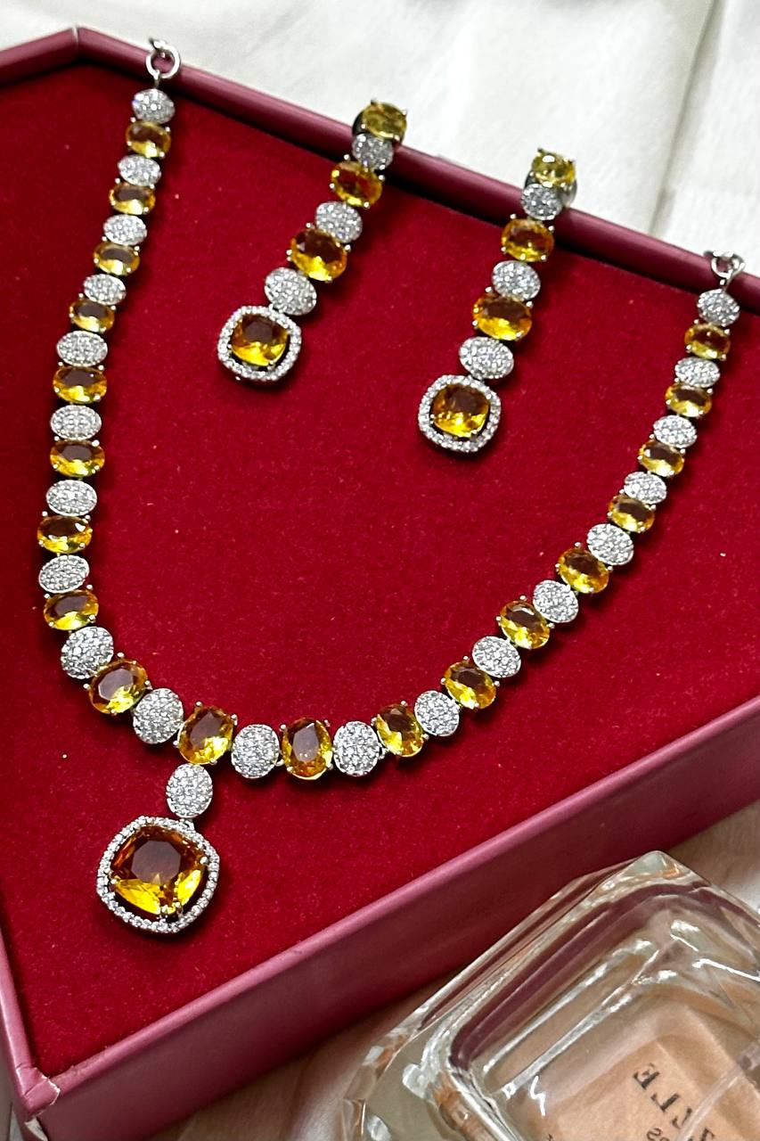 American Diamond Necklace Set, CZ Necklace, Indian Jewelry, double layered AD necklace, Golden