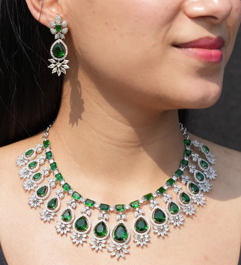 Celebrity Inspired Green necklace, Layered Emerald Green Faux, Diamond Necklace Set, Emerald Diamond Necklace, CZ Necklace