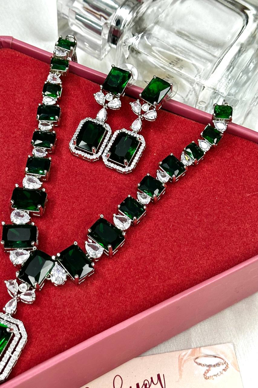 Green CZ Necklace, Emerald Green Necklace, Bridal Necklace, Bridal Sets, Crystal Sets, Green Wedding Jewelry, Cubic Zirconia Set, Bridal Set