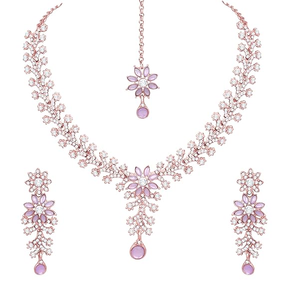 American Diamond Choker Necklace with Maang Tikka & Earrings, Traditional Bridal Wedding Jewelry Set