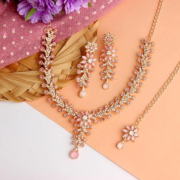 American diamond choker set with maang tikka, Indian, Pakistani premium quality jewelry set