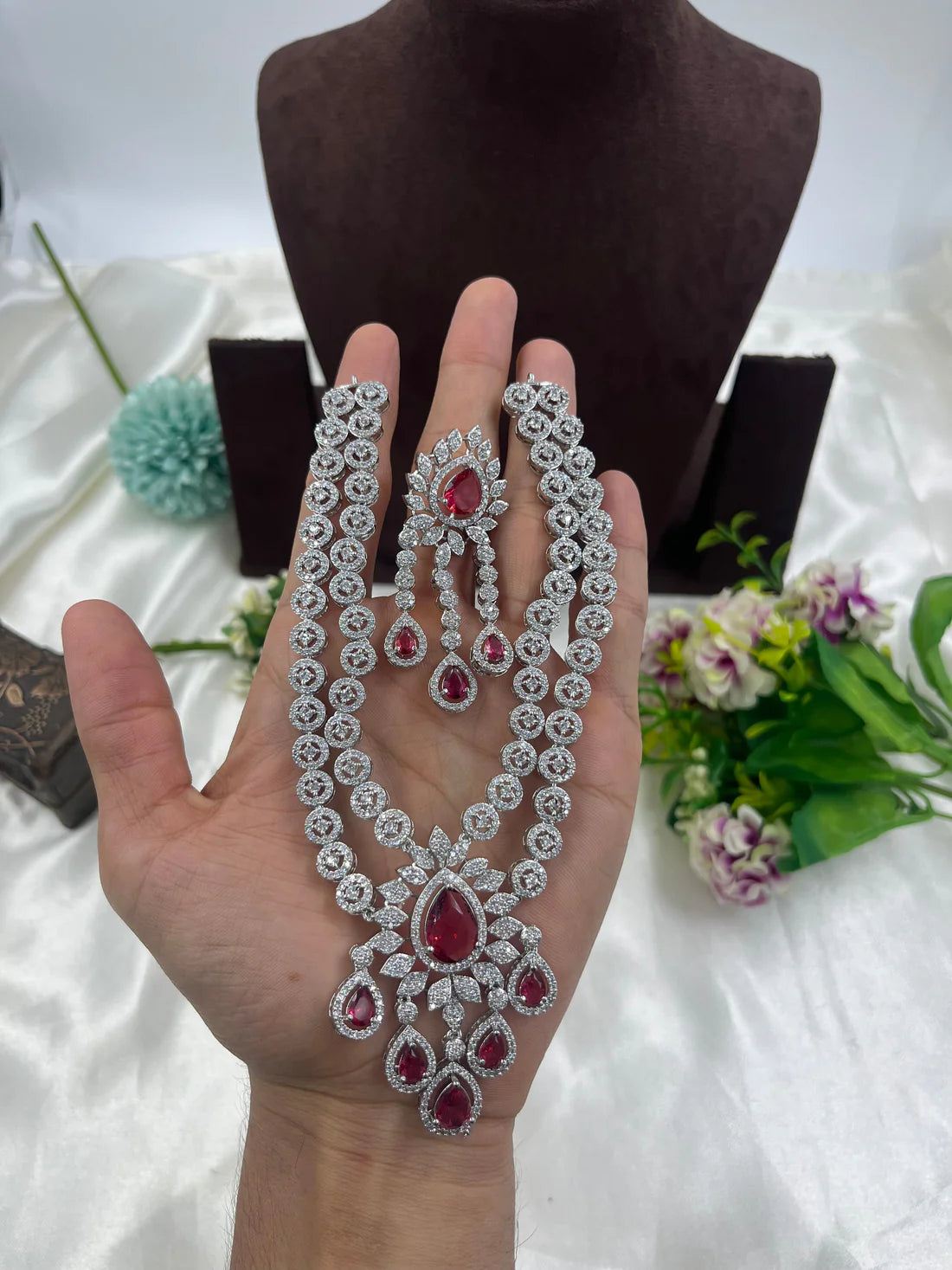 Floral Silver-Plated Drop Necklace Set with Matching Earrings | Indian Jewellery Designer Necklace Set