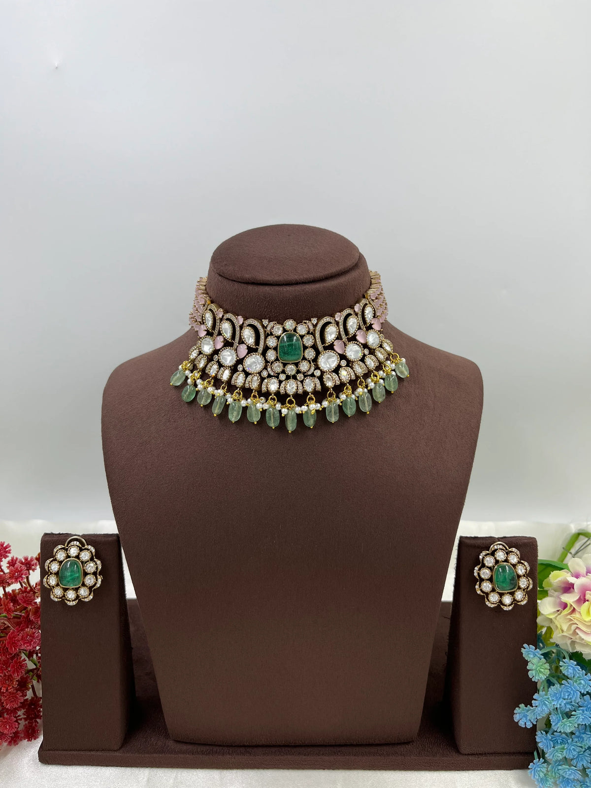 Green Soverian Polki Kundan Choker Necklace Set – Bridal & Party Wear Jewelry