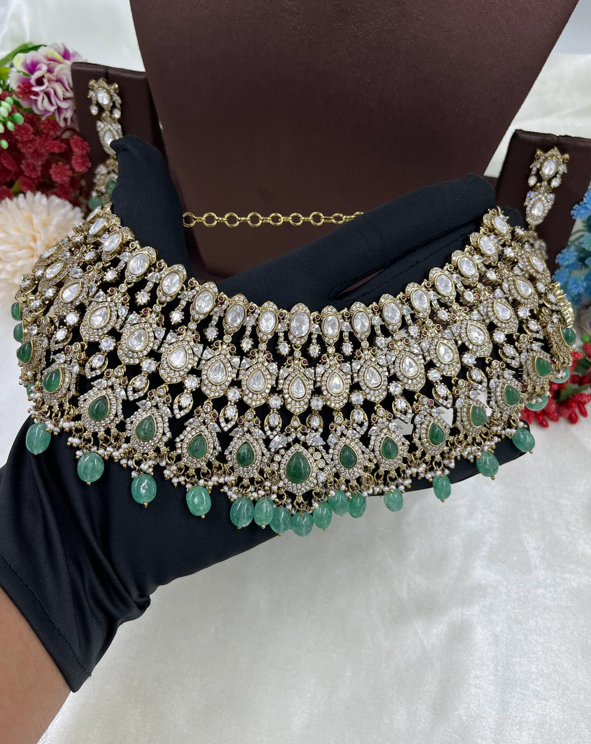 Mohini Antique Premium Moissanite Kundan Necklace Set with Earrings & Maang Tikka – Bridal & Party Jewelry